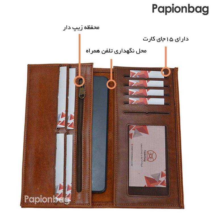 نمای داخل همراه با کارت و موبایل داخل کیف ذپول چرم ورساچ