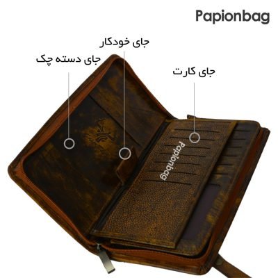 کیف دسته چک چرم طبیعی دست رنگ کد 4 3 محل قرارگیری پول در کیف دسته چک